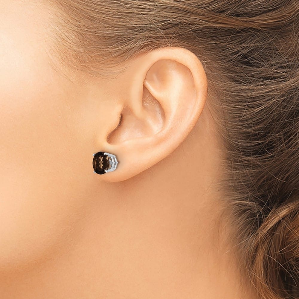 14K White Gold 8mm Round Checker-Cut Smoky Quartz Post Earrings, view 3 of 4