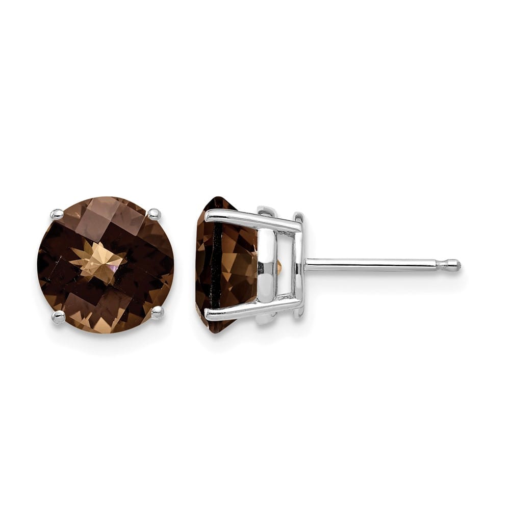 14K White Gold 8mm Round Checker-Cut Smoky Quartz Post Earrings, view 1 of 4