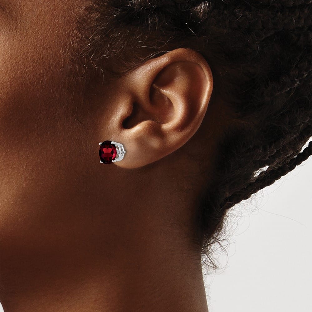 14K White Gold 8mm Round Garnet Post Earrings, view 3 of 4