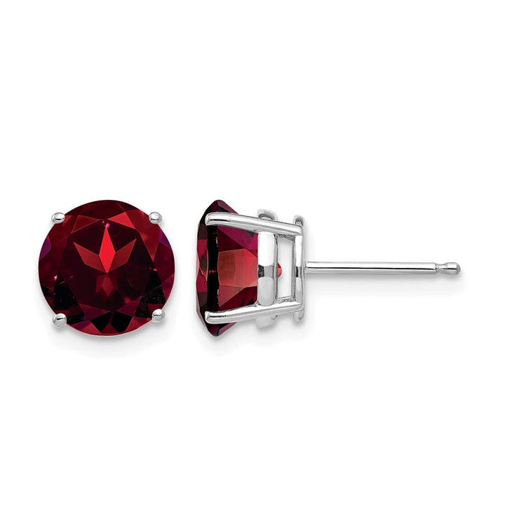 14K White Gold 8mm Round Garnet Post Earrings, view 1 of 4