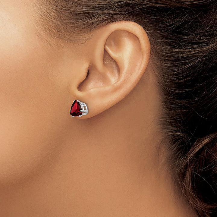 14K White Gold 8mm Trillion Garnet Post Earrings, view 3 of 4