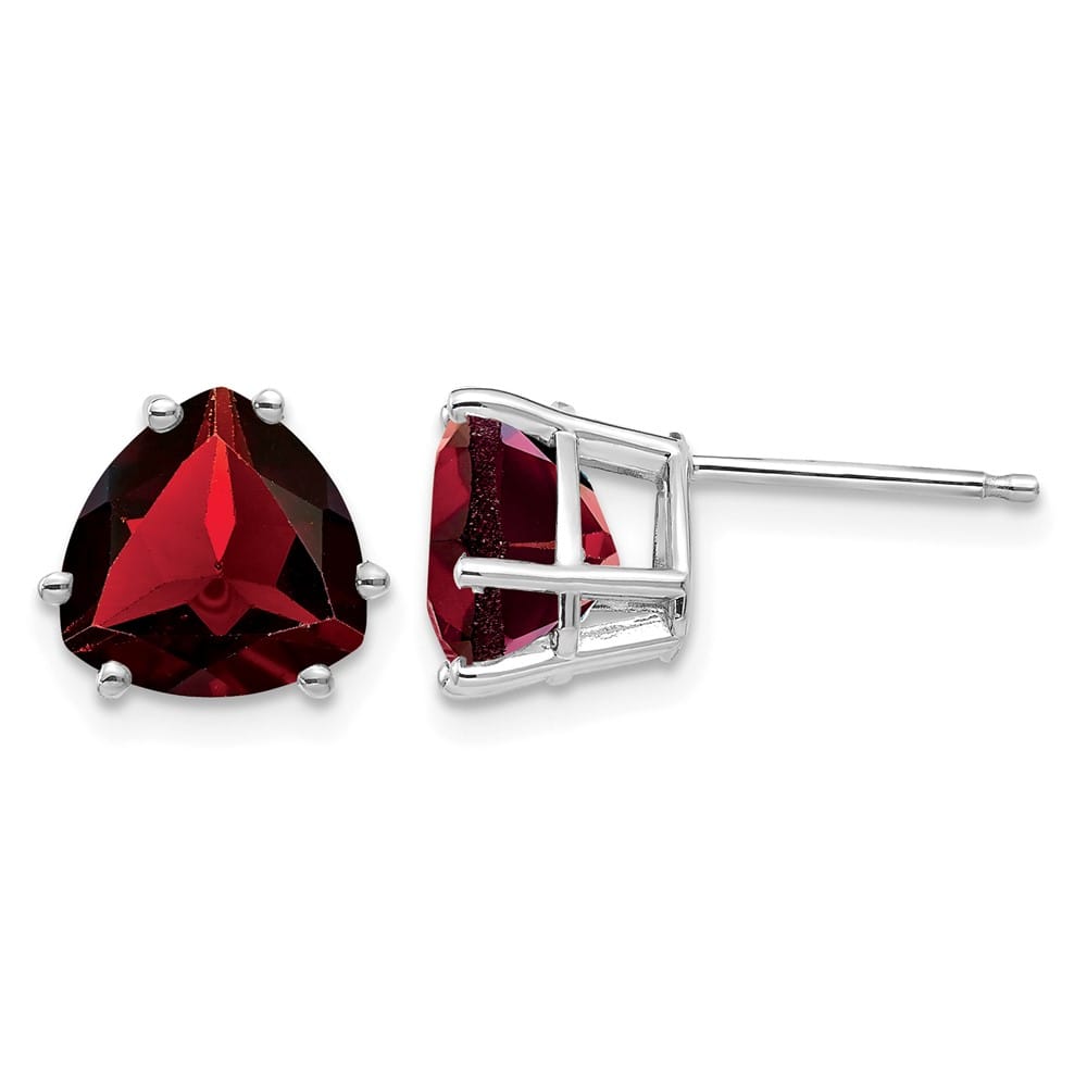 14K White Gold 8mm Trillion Garnet Post Earrings, view 1 of 4
