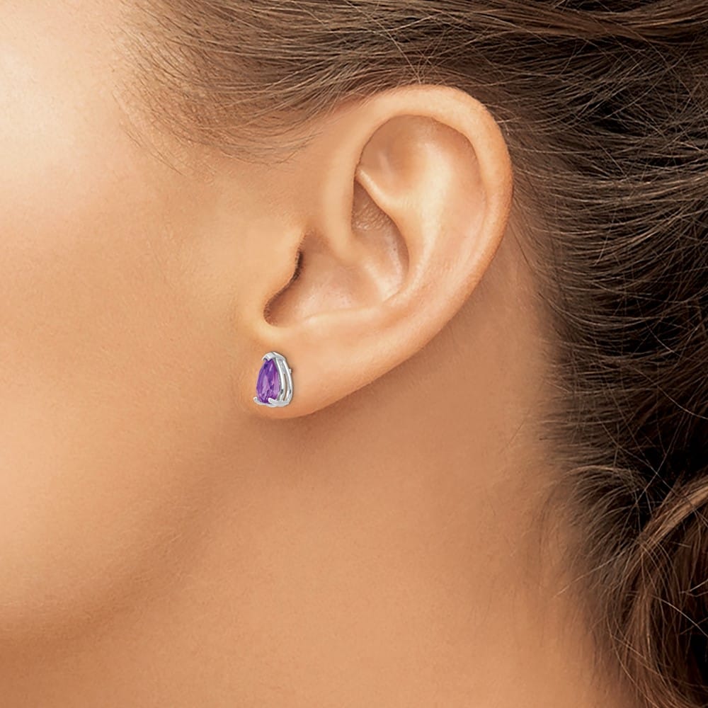 14K White Gold 8x5mm Pear Amethyst Post Earrings, view 3 of 4