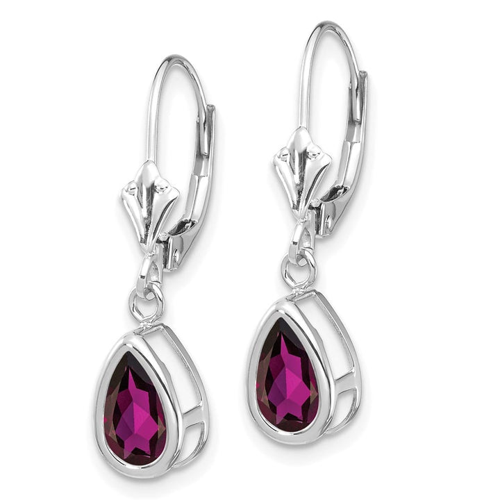 14K White Gold 8x5mm Pear Bezel Leverback Dangle Earrings, view 10 of 28