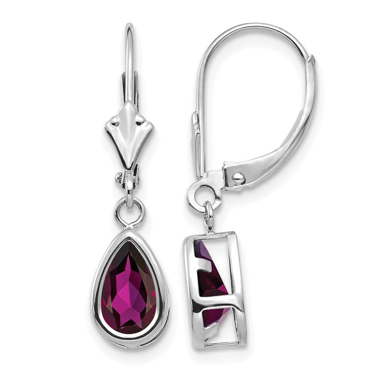 14K White Gold 8x5mm Pear Bezel Leverback Dangle Earrings, view 9 of 28