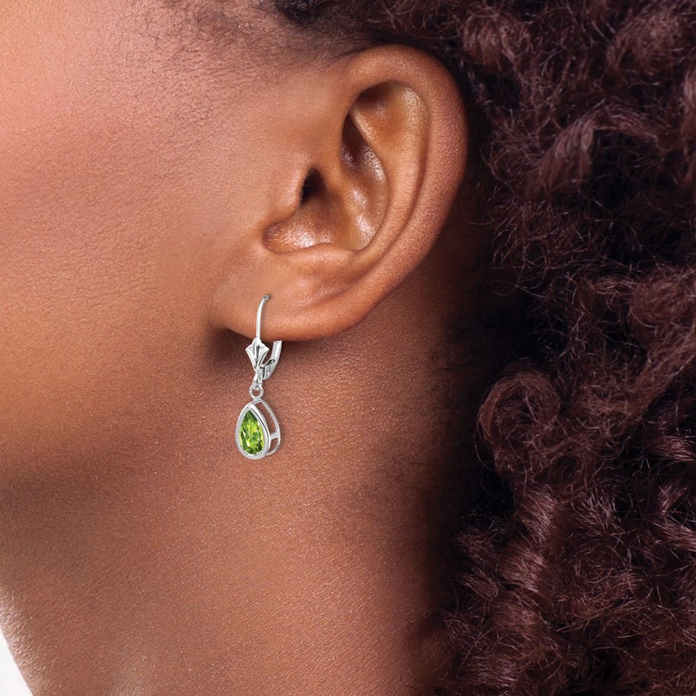 14K White Gold 8x5mm Pear Bezel Leverback Dangle Earrings, view 7 of 28