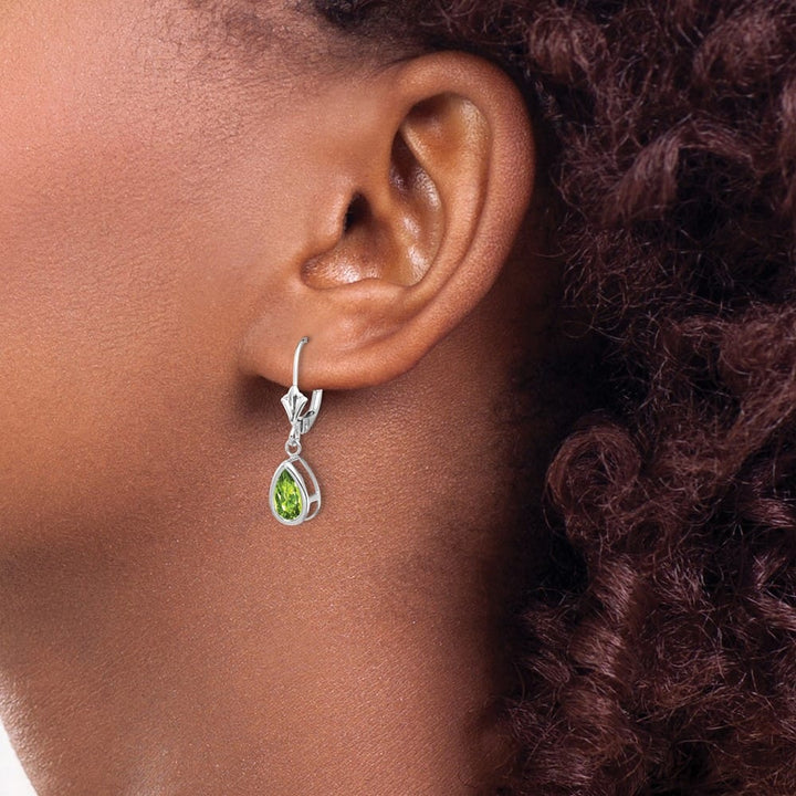 14K White Gold 8x5mm Pear Bezel Leverback Dangle Earrings, view 7 of 28