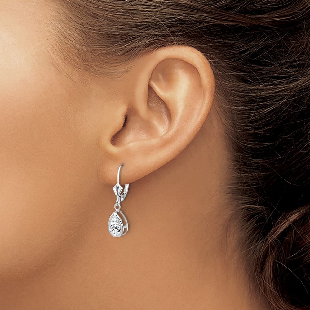 14K White Gold 8x5mm Pear Bezel Leverback Dangle Earrings, view 3 of 28