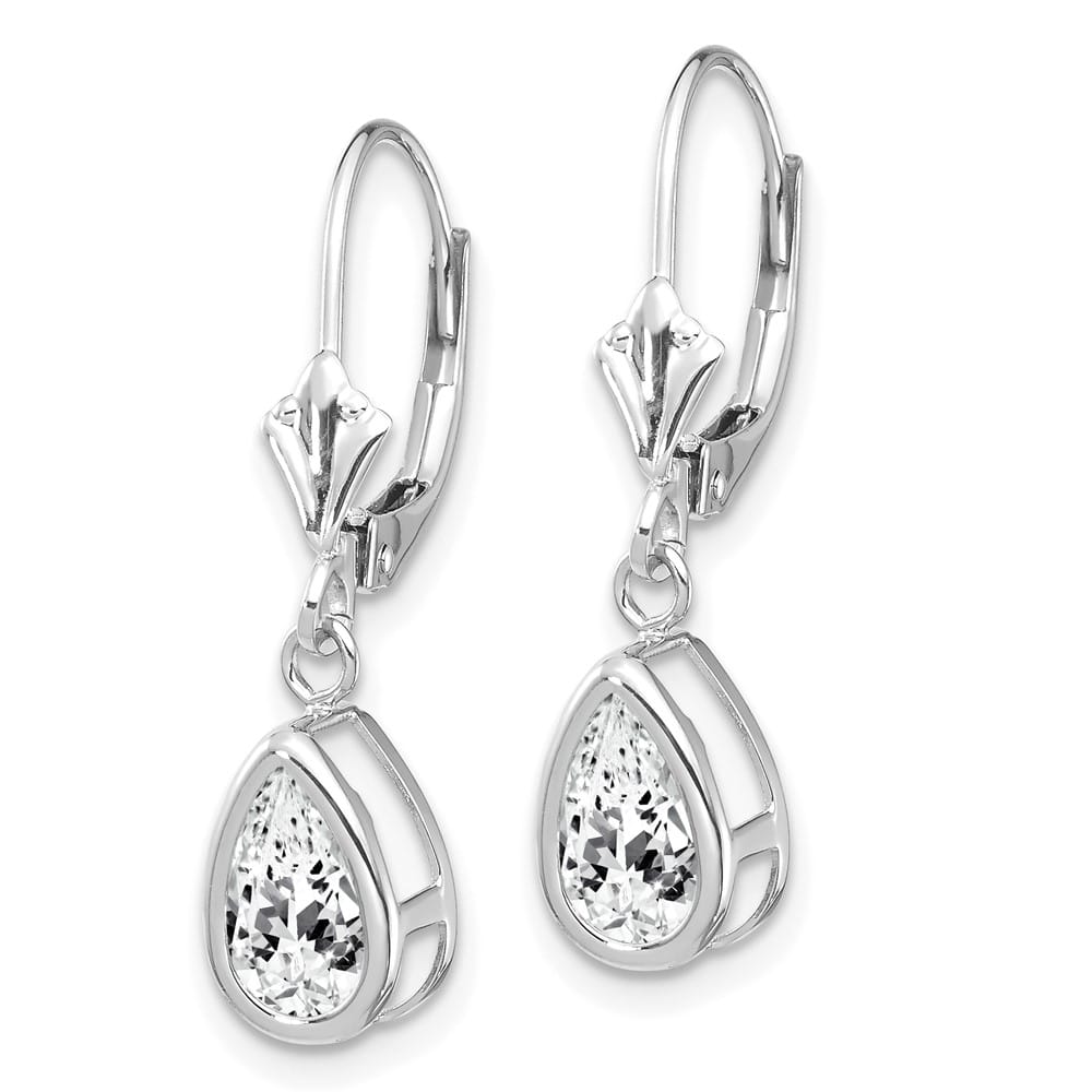 14K White Gold 8x5mm Pear Bezel Leverback Dangle Earrings, view 2 of 28