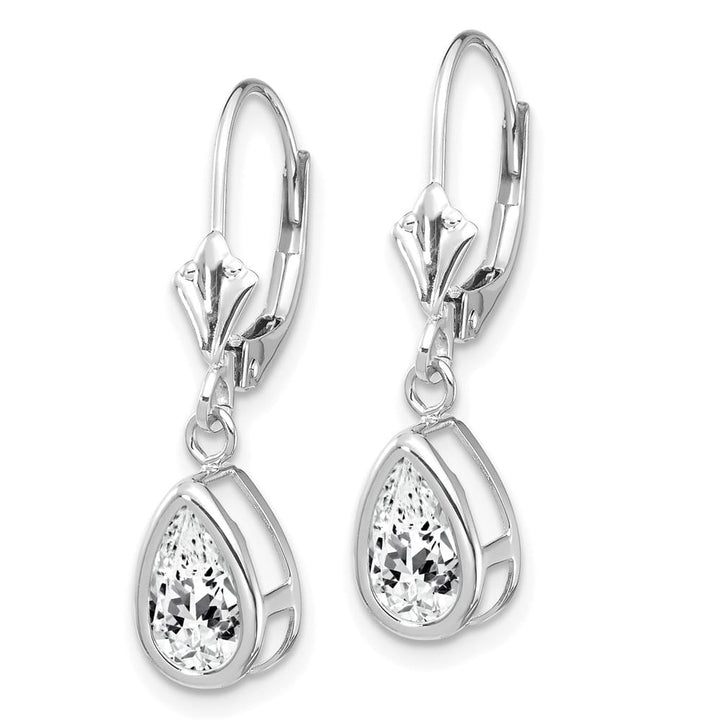 14K White Gold 8x5mm Pear Bezel Leverback Dangle Earrings, view 2 of 28