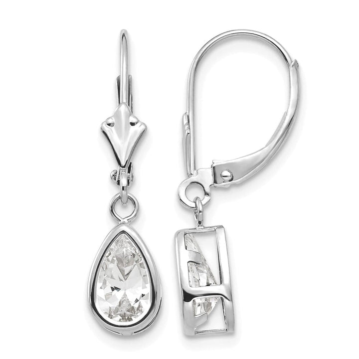 14K White Gold 8x5mm Pear Bezel Leverback Dangle Earrings, view 1 of 28