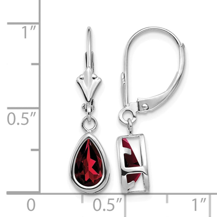 14K White Gold 8x5mm Pear Bezel Leverback Dangle Earrings, Garnet, view 28 of 28