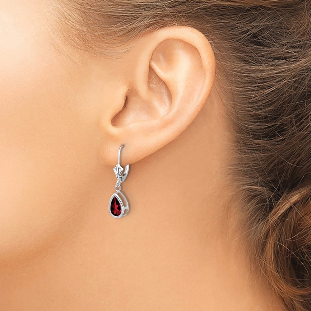 14K White Gold 8x5mm Pear Bezel Leverback Dangle Earrings, Garnet, view 27 of 28
