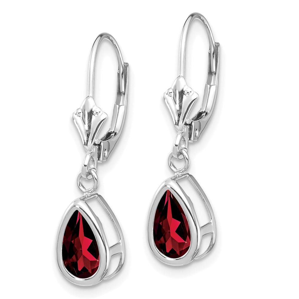 14K White Gold 8x5mm Pear Bezel Leverback Dangle Earrings, Garnet, view 26 of 28
