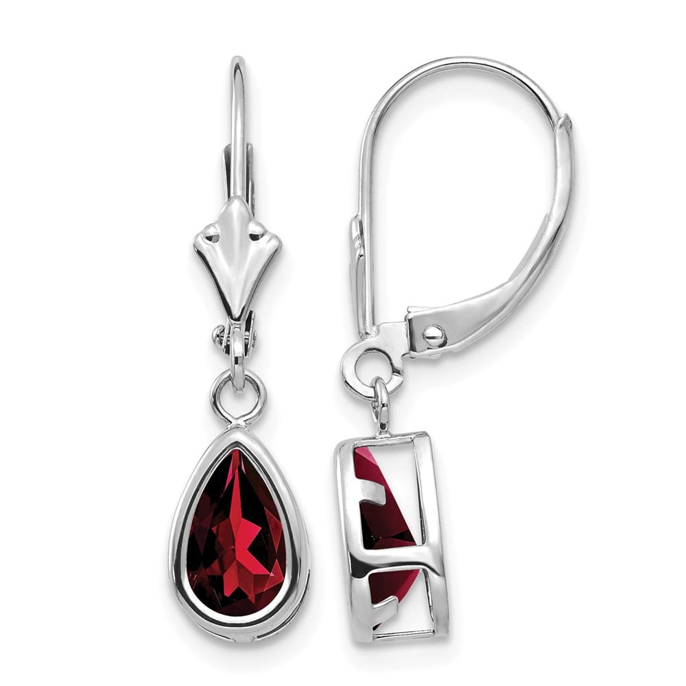 14K White Gold 8x5mm Pear Bezel Leverback Dangle Earrings, Garnet, view 25 of 28