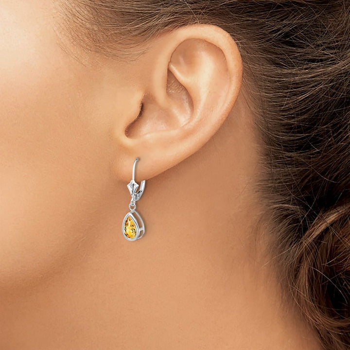 14K White Gold 8x5mm Pear Bezel Leverback Dangle Earrings, Citrine, view 23 of 28