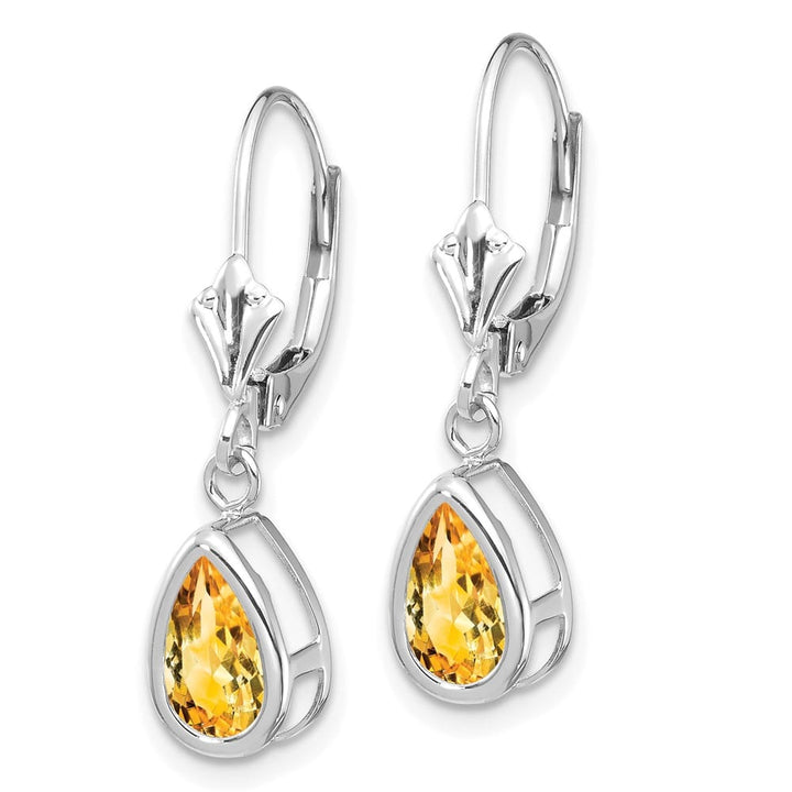 14K White Gold 8x5mm Pear Bezel Leverback Dangle Earrings, Citrine, view 22 of 28