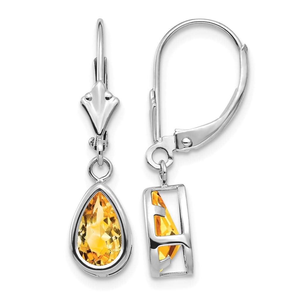14K White Gold 8x5mm Pear Bezel Leverback Dangle Earrings, Citrine, view 21 of 28