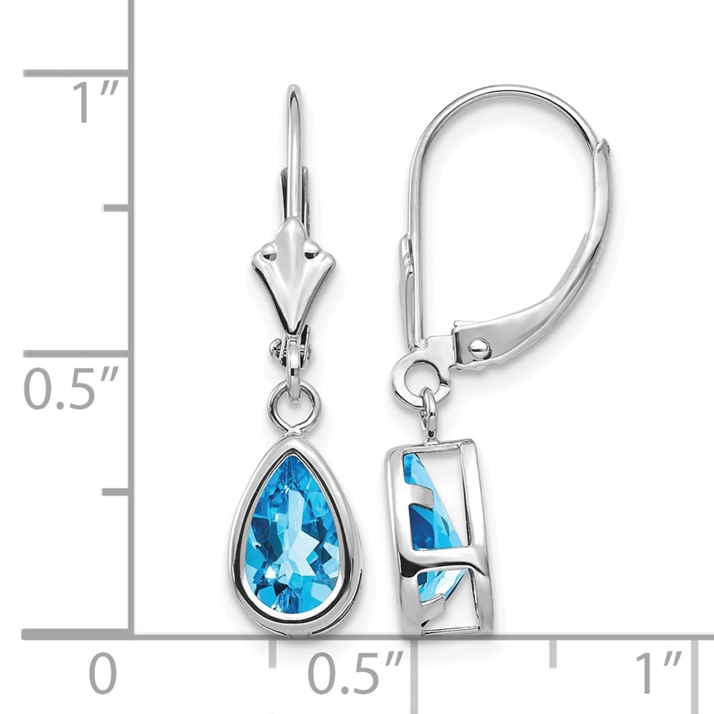 14K White Gold 8x5mm Pear Bezel Leverback Dangle Earrings, Swiss Blue Topaz, view 20 of 28
