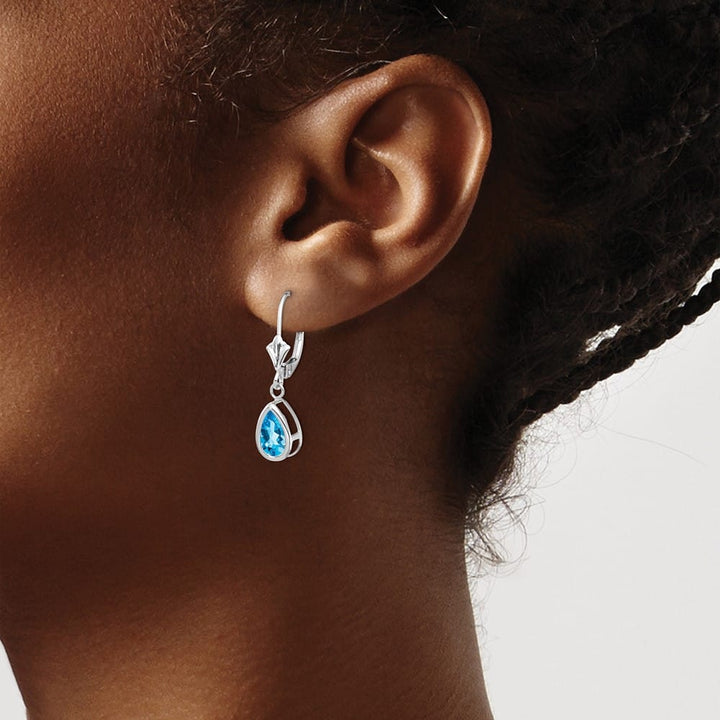 14K White Gold 8x5mm Pear Bezel Leverback Dangle Earrings, Swiss Blue Topaz, view 19 of 28