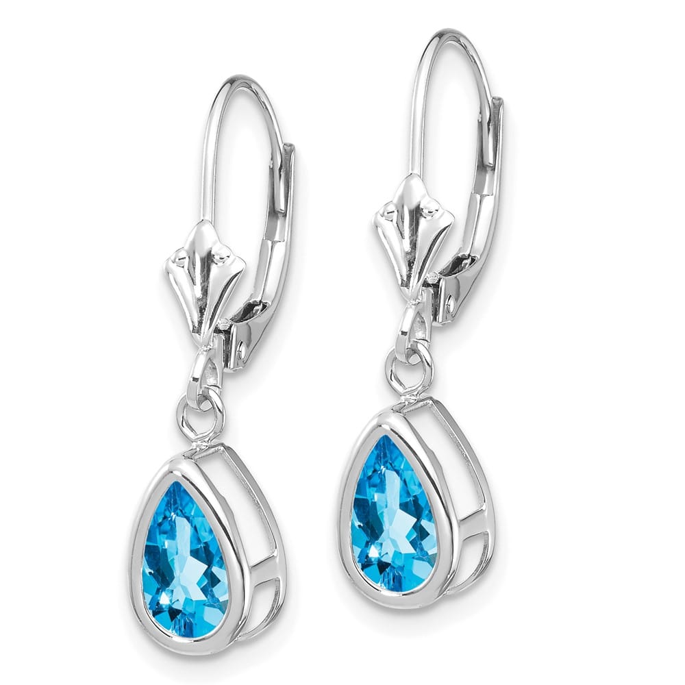 14K White Gold 8x5mm Pear Bezel Leverback Dangle Earrings, Swiss Blue Topaz, view 18 of 28