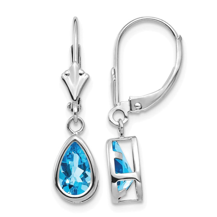 14K White Gold 8x5mm Pear Bezel Leverback Dangle Earrings, Swiss Blue Topaz, view 17 of 28