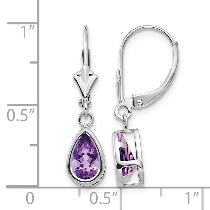 14K White Gold 8x5mm Pear Bezel Leverback Dangle Earrings, Amethyst, view 16 of 28