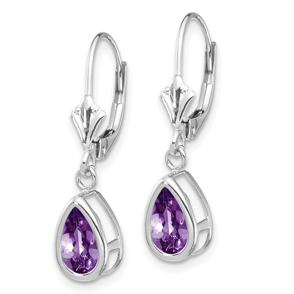14K White Gold 8x5mm Pear Bezel Leverback Dangle Earrings, Amethyst, view 14 of 28