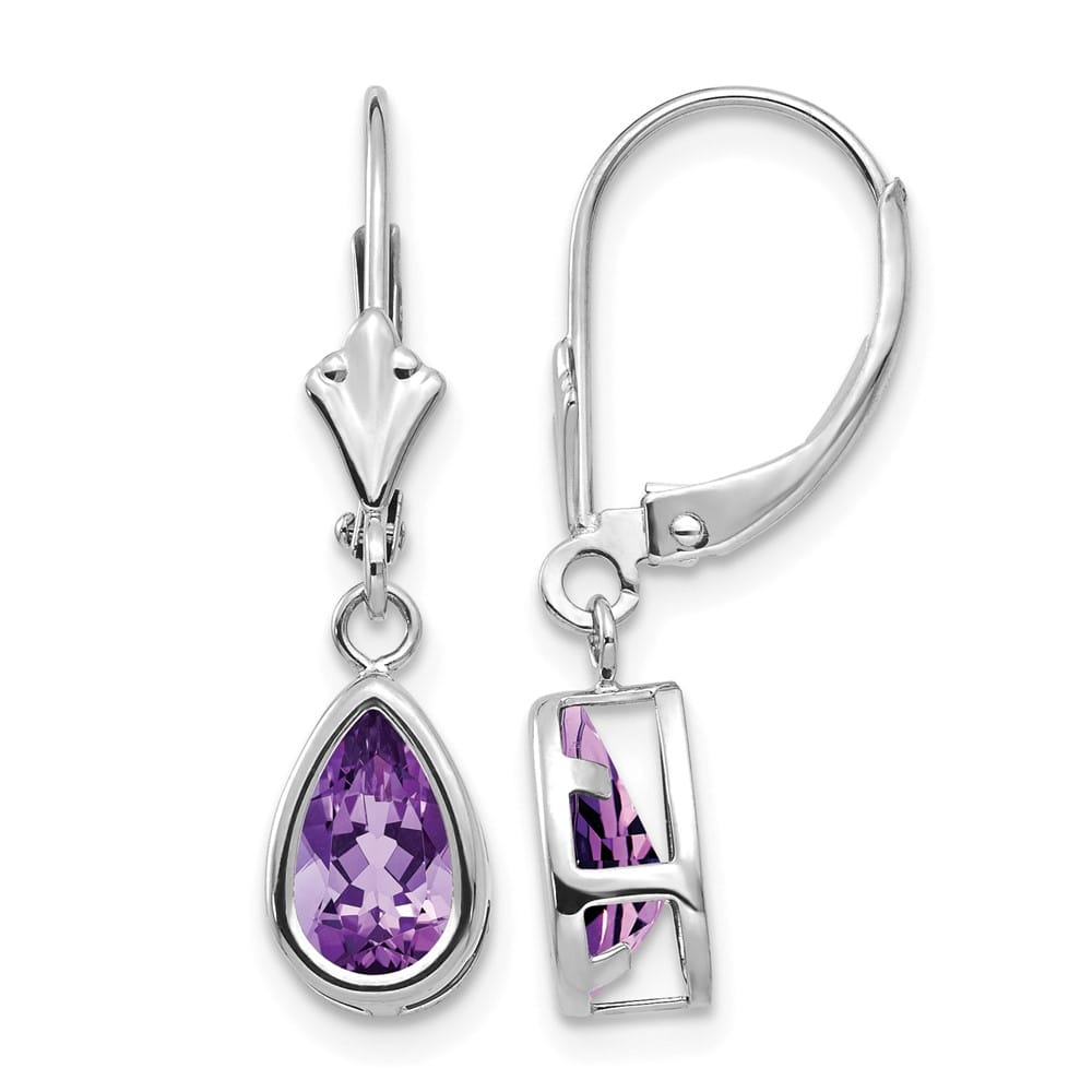 14K White Gold 8x5mm Pear Bezel Leverback Dangle Earrings, Amethyst, view 13 of 28