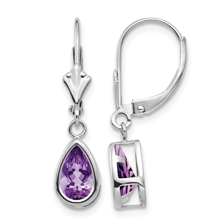 14K White Gold 8x5mm Pear Bezel Leverback Dangle Earrings, Amethyst, view 13 of 28
