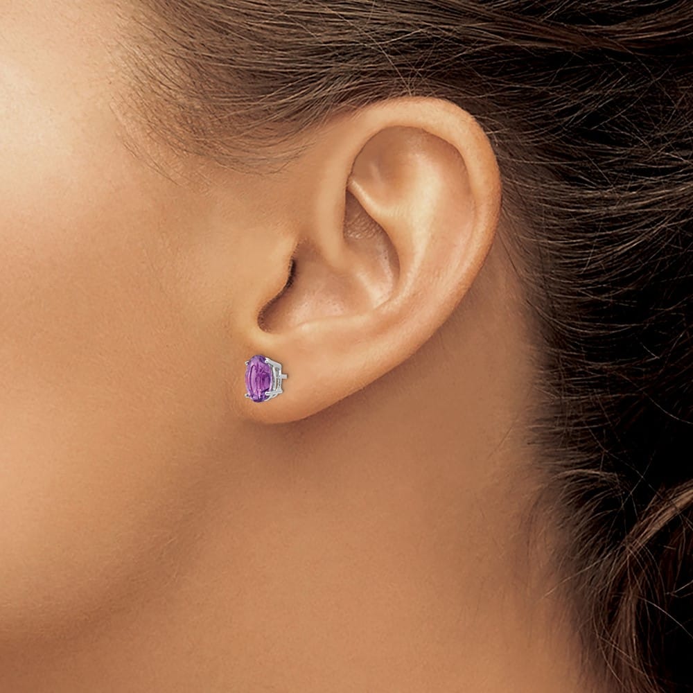 14K White Gold 8x6mm Oval Amethyst Post Earrings, view 3 of 4