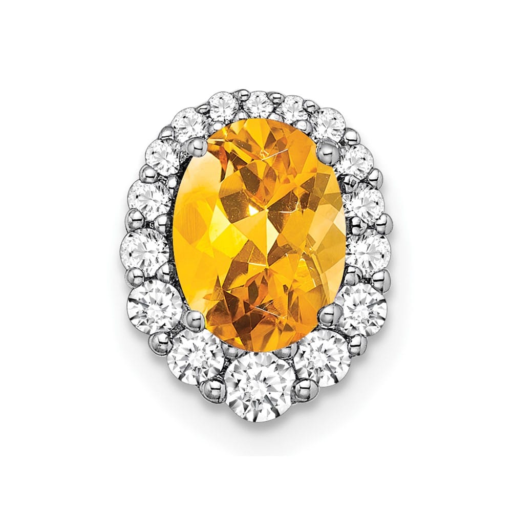 14K White Gold 8x6mm Oval Citrine and Diamond Halo Chain Slide