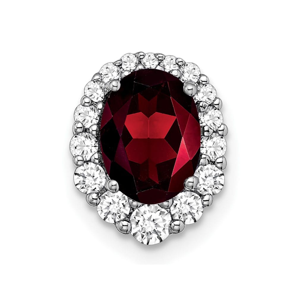 14K White Gold 8x6mm Oval Garnet and Diamond Halo Chain Slide