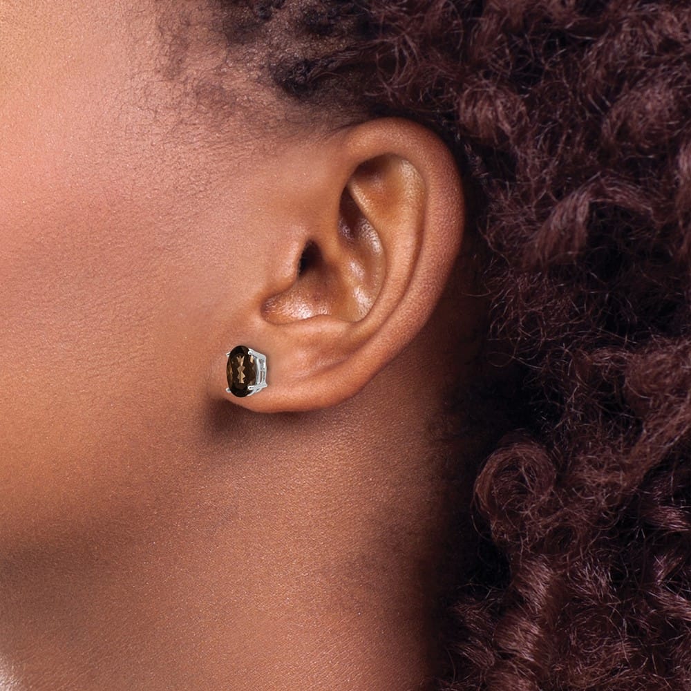 14K White Gold 8x6mm Oval Smoky Quartz Post Earrings, view 3 of 4