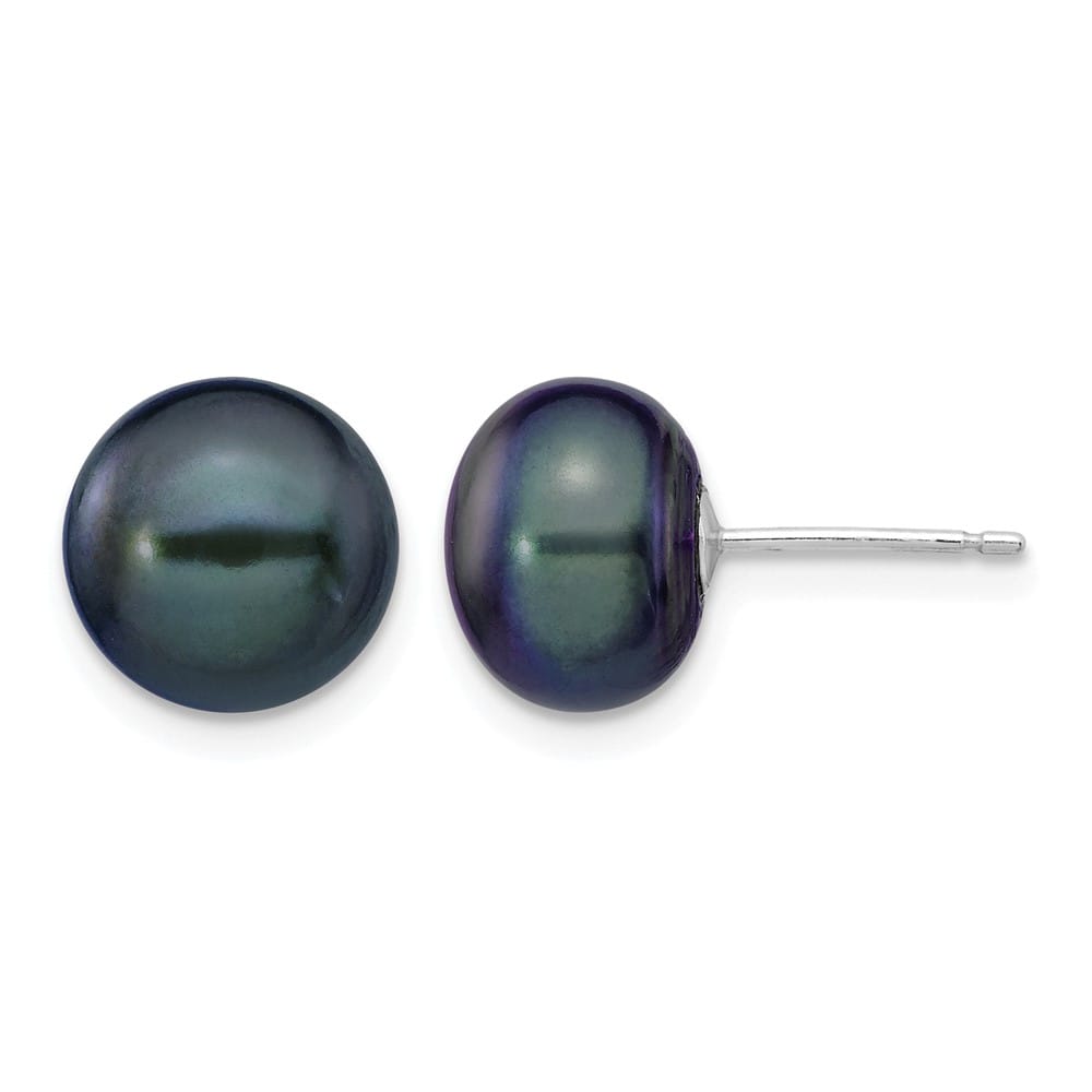 14K White Gold 9-10mm Black Button Freshwater Pearl Stud Post Earrings