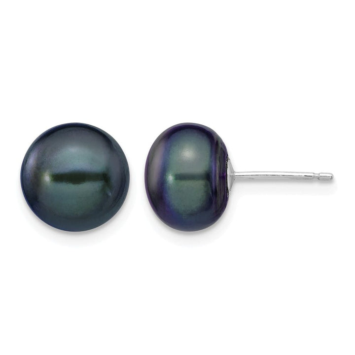14K White Gold 9-10mm Black Button Freshwater Pearl Stud Post Earrings