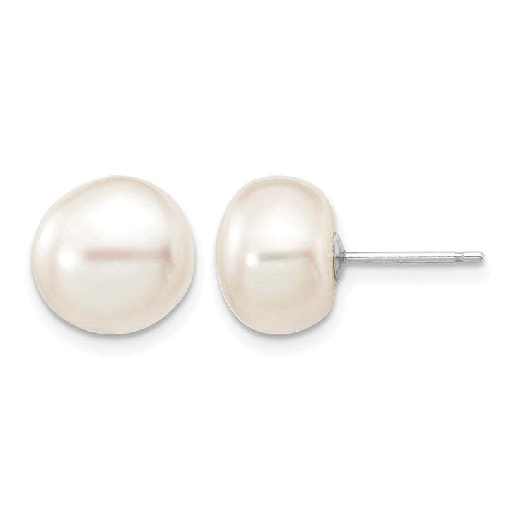 14K White Gold 9-10mm White Button Freshwater Pearl Stud Post Earrings