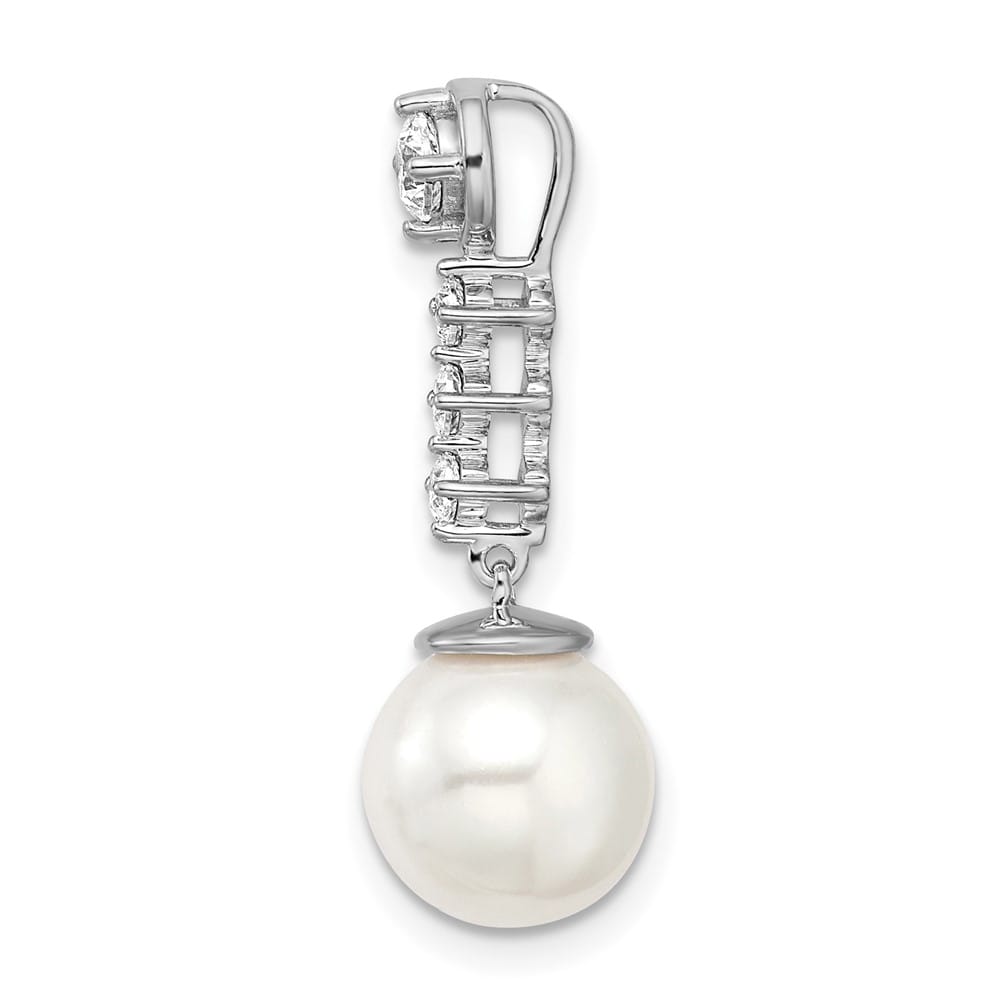 14K White Gold 9mm White Freshwater Pearl and Diamond Chain Slide