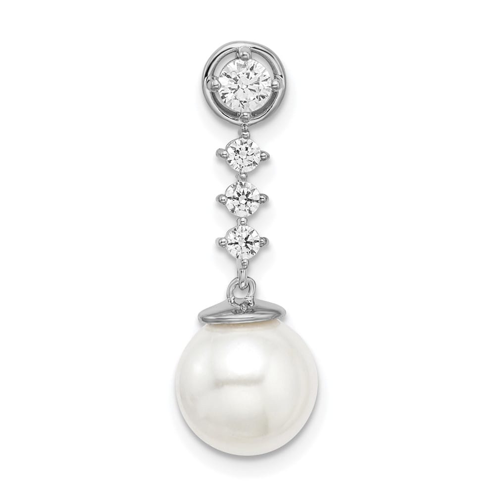 14K White Gold 9mm White Freshwater Pearl and Diamond Chain Slide