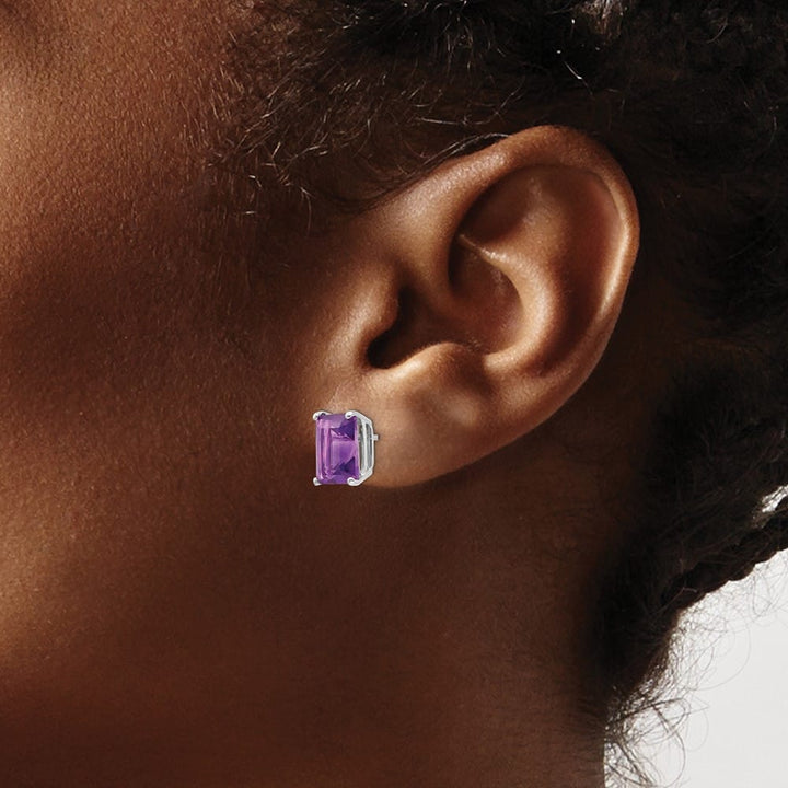 14K White Gold 9x7mm Emerald-Cut Amethyst Post Earrings, view 3 of 4