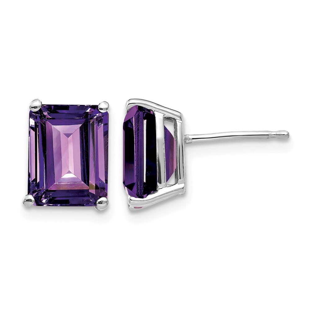 14K White Gold 9x7mm Emerald-Cut Amethyst Post Earrings, view 1 of 4