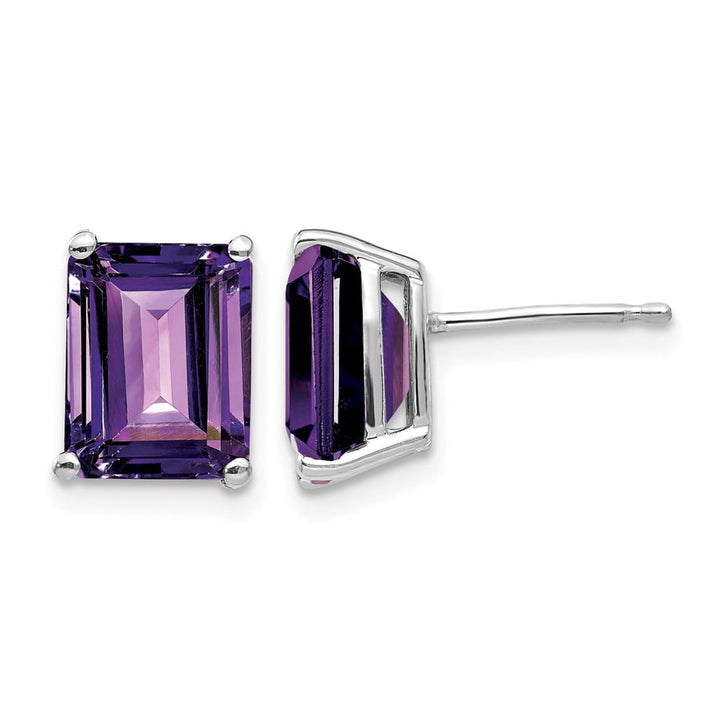 14K White Gold 9x7mm Emerald-Cut Amethyst Post Earrings, view 1 of 4
