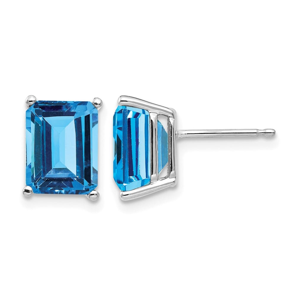14K White Gold 9x7mm Emerald-Cut Blue Topaz Post Earrings, view 1 of 4