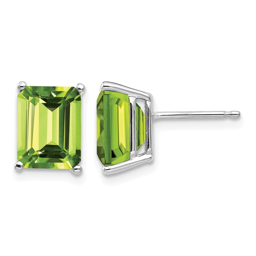 14K White Gold 9x7mm Emerald-Cut Peridot Post Earrings, view 1 of 4