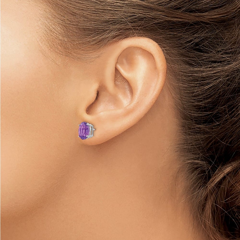 14K White Gold 9x7mm Oval Amethyst Post Earrings, view 3 of 4