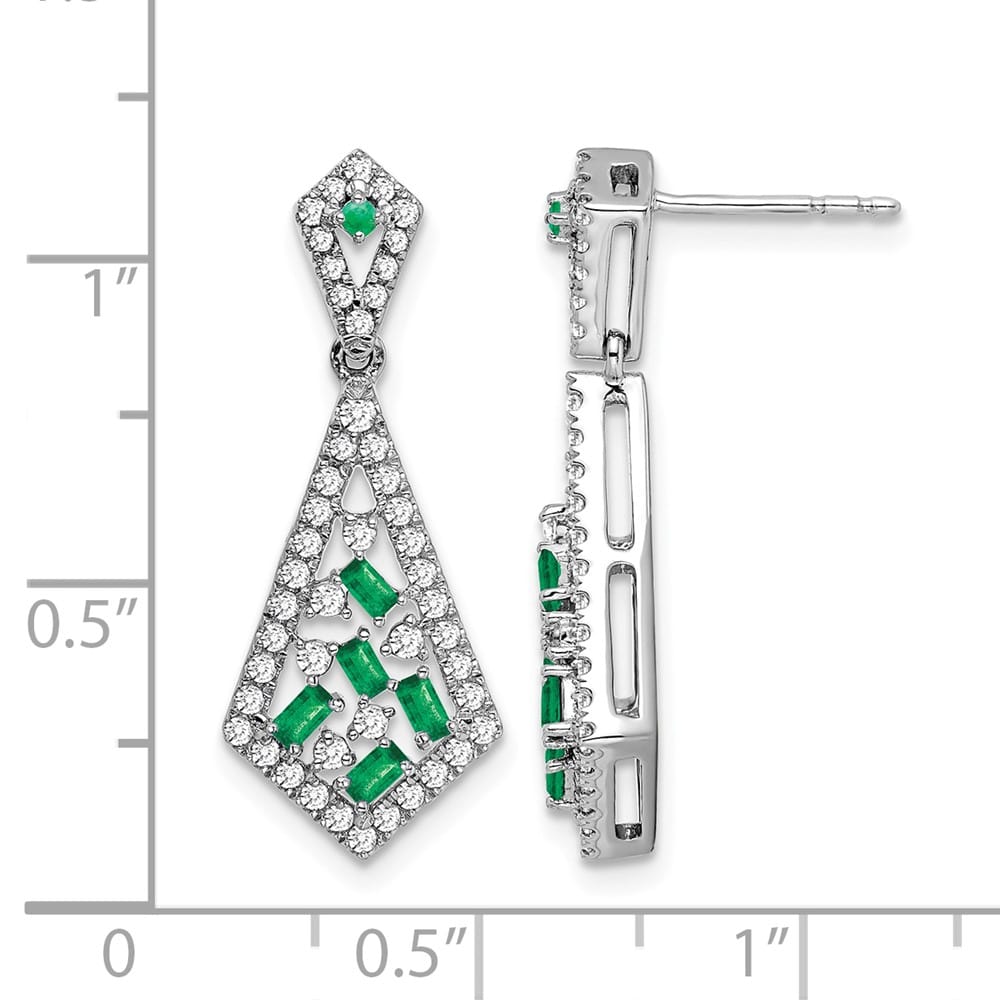 14K White Gold Baguette Emerald and Diamond Kite Dangle Post Earrings, view 4 of 4
