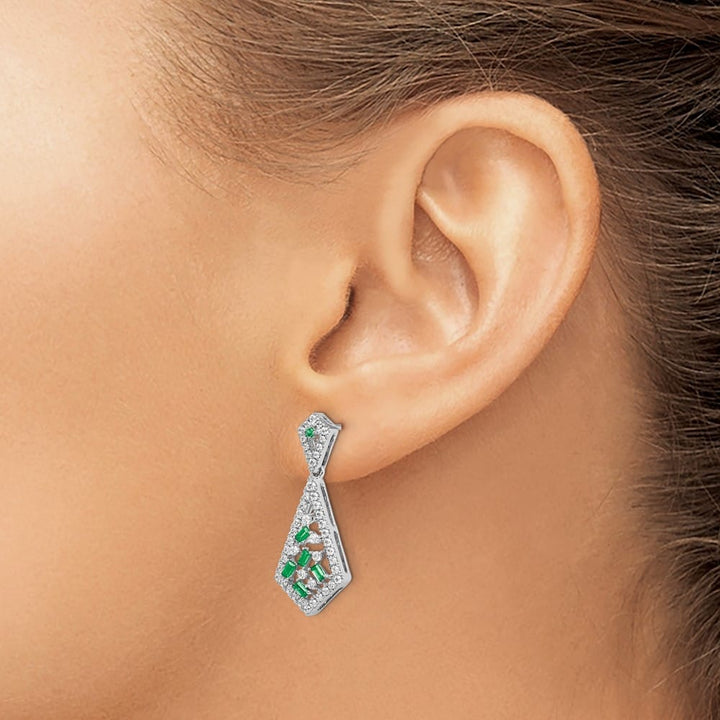 14K White Gold Baguette Emerald and Diamond Kite Dangle Post Earrings, view 3 of 4
