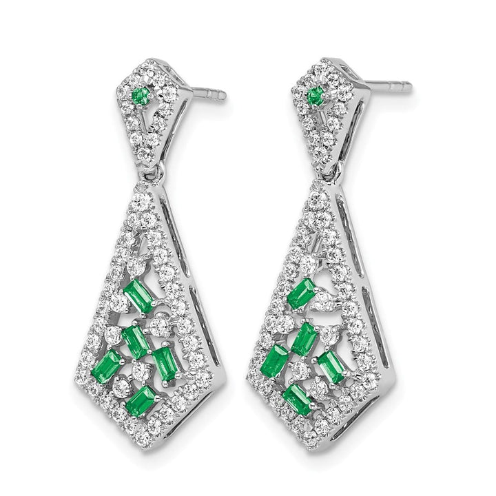 14K White Gold Baguette Emerald and Diamond Kite Dangle Post Earrings, view 2 of 4