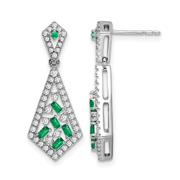 14K White Gold Baguette Emerald and Diamond Kite Dangle Post Earrings, view 1 of 4