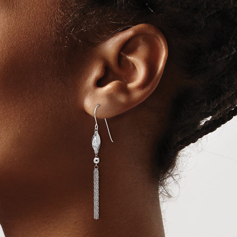 14K White Gold Bead and Chain Tassel Dangle French Hook Earrings, view 3 of 4
